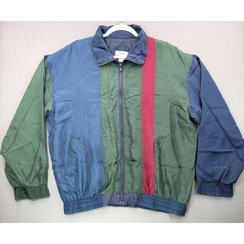 Vintage Bogari Mens M Colorblock Silk Windbreaker Jacket Green Blue Bomber
